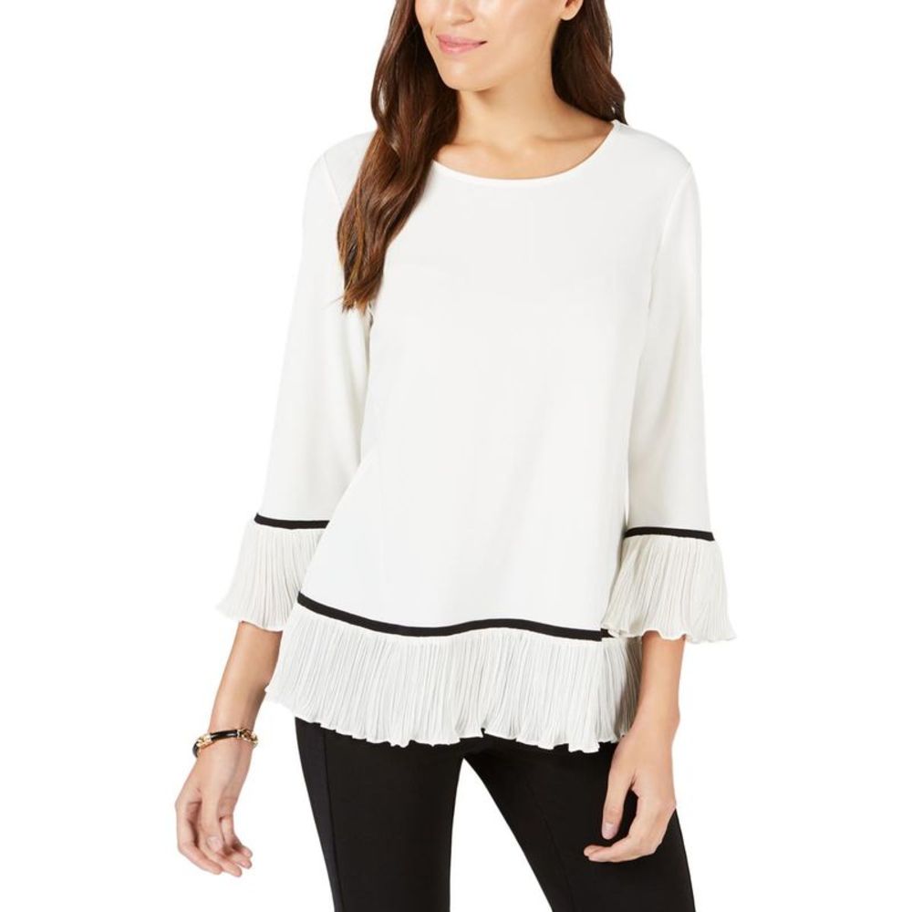 Alfani Womens Ivory Pleated Sheer Bell Sleeve Pullover Top Blouse NWOT